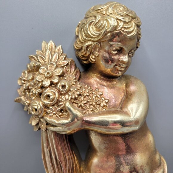 Vintage Syroco Gold Cherub Wall Shelf Sconce Flowers Design Made In USA 7140 - Picture 2 of 8